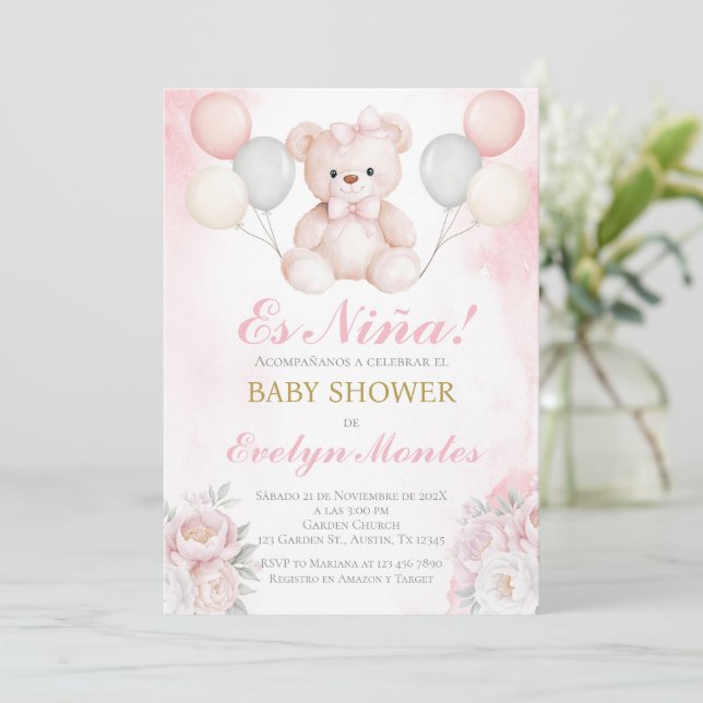 Convites Chá de bebê para uma menina com balões e ursinho (Em pé/Frente)