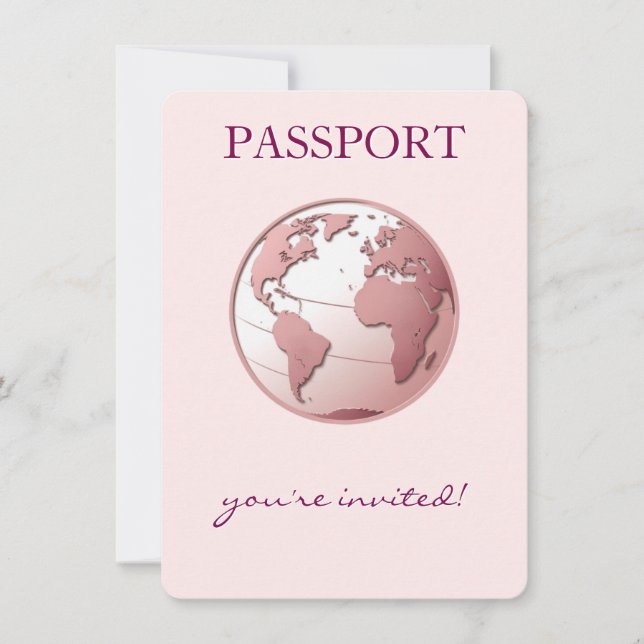 Convites Chá de Bebê Passaporte do Globo Rosa Viagem (Frente)
