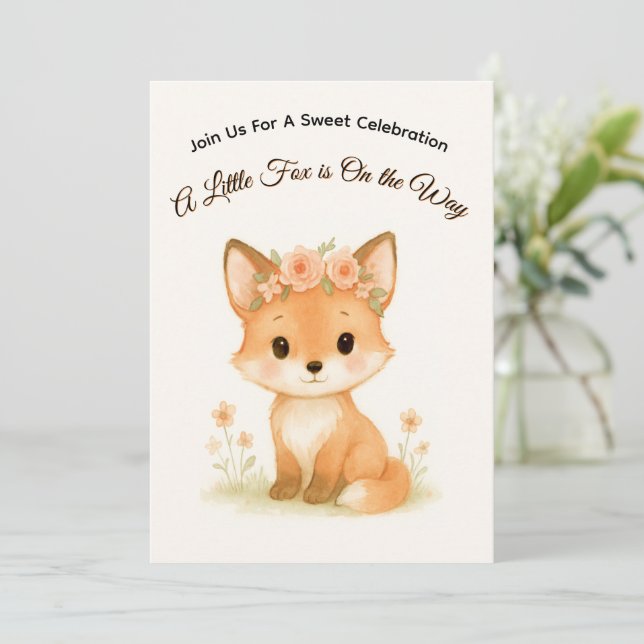 Convites Chá de Bebê Pastel Baby Fox Floral, Festa da Flore (Em pé/Frente)