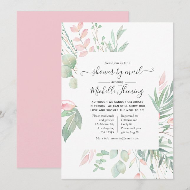 Convites Chá de Bebê Pastel Blush Greenery pelo Correio (Frente/Verso)