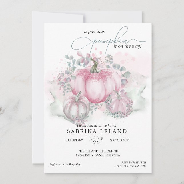 Convites Chá de Bebê Pequena Abóbora Aquarela Rosa Menina (Frente)
