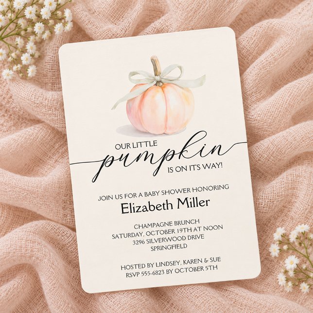 Convites Chá de Bebê Pequena Abóbora Arco de Marfim (Ivory ribbon and bow pumpkin baby shower invitations, PRINTED and/or INSTANT DOWNLOAD)