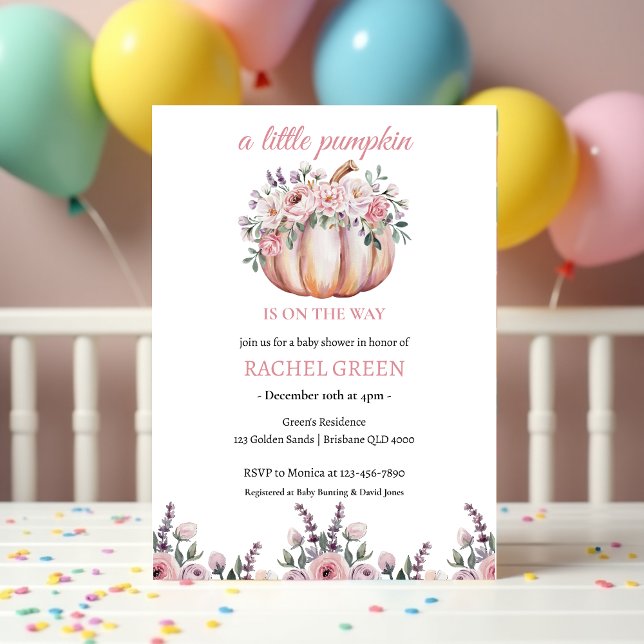Convites Chá de Bebê Pequena Abóbora Flora Outono (A Little Pumpkin Is On The Way Baby Shower Floral Fall Invitation)