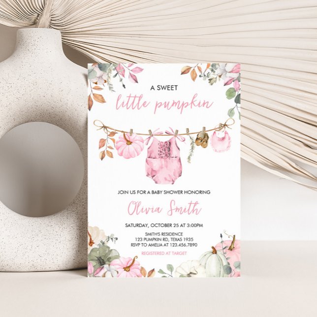 Convites Chá de Bebê Pequena Abóbora Rosa Outono  (Pink Little Pumpkin Fall Clothesline Baby Shower Invitation)