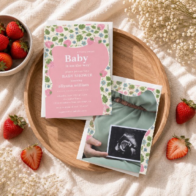 Convites Chá de Bebê Personalizado Foto Rosa Doce Morango (Criador carregado)