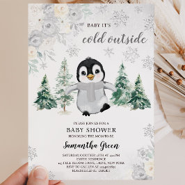 Convites Chá de Bebê Pinguim Prata Neutro em Gênero