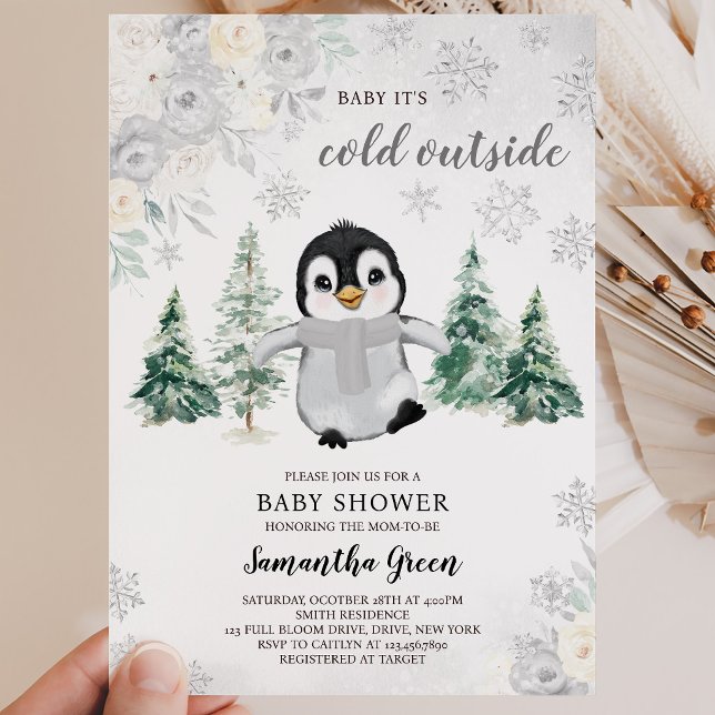 Convites Chá de Bebê Pinguim Prata Neutro em Gênero (Criador carregado)