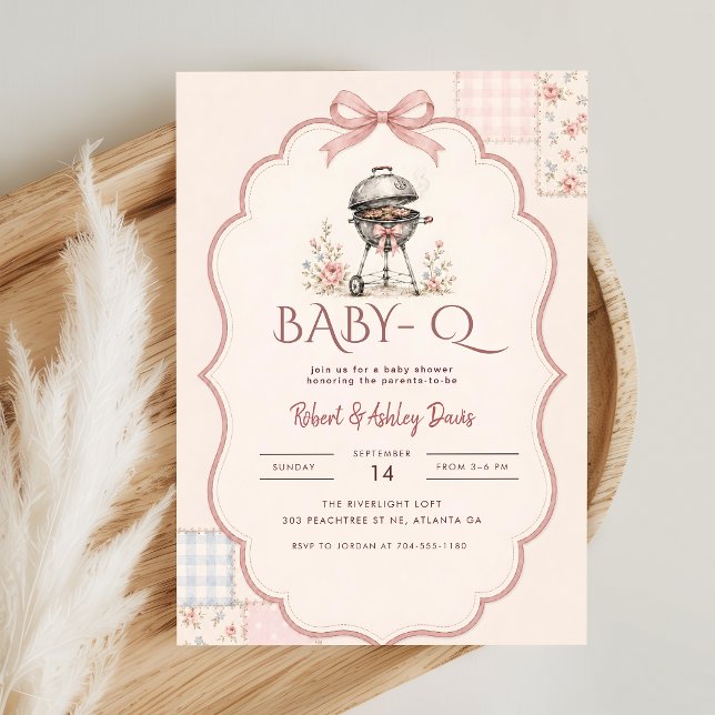 Convites Chá de Bebê Pink Bow Gingham Barbecue Baby Q (Criador carregado)