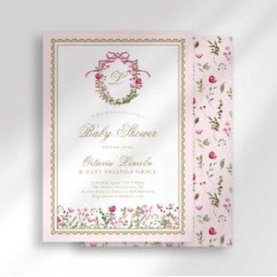 Convites Chá de Bebê Pink Bow Monogram Baby in Bloom