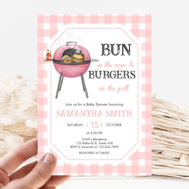 Convites Chá de Bebê Pink Burger BBQ (Bun and Burgers Baby Shower Invitation)
