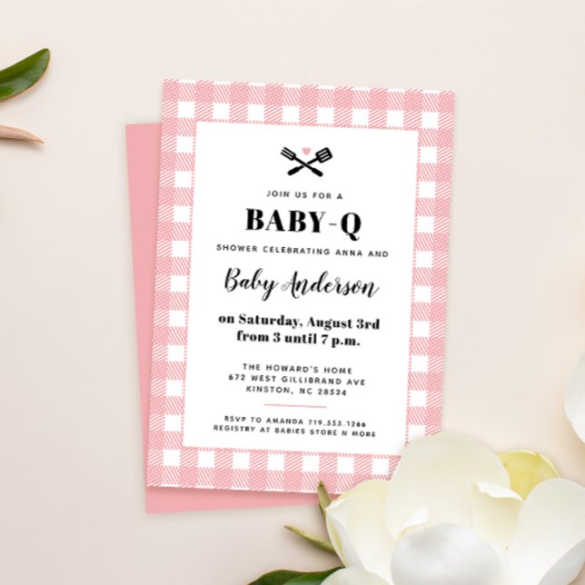 Convites Chá de Bebê Pink Gingham Xadrez Churrasco (Criador carregado)