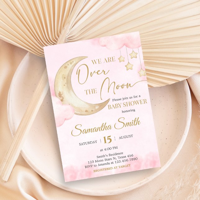 Convites Chá de Bebê Pink Over the Moon  (Over the Moon Baby Shower Invitation)