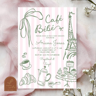 Convites Chá de Bebê Pink Stripe Paris Cafe Bebe