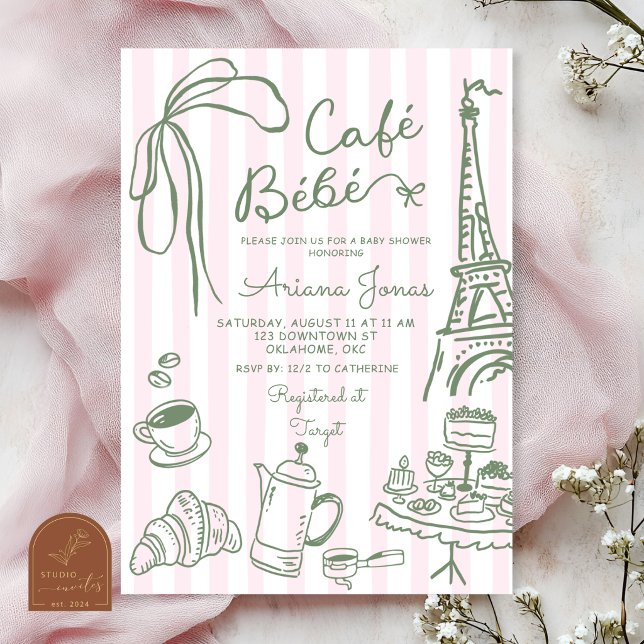 Convites Chá de Bebê Pink Stripe Paris Cafe Bebe (Criador carregado)