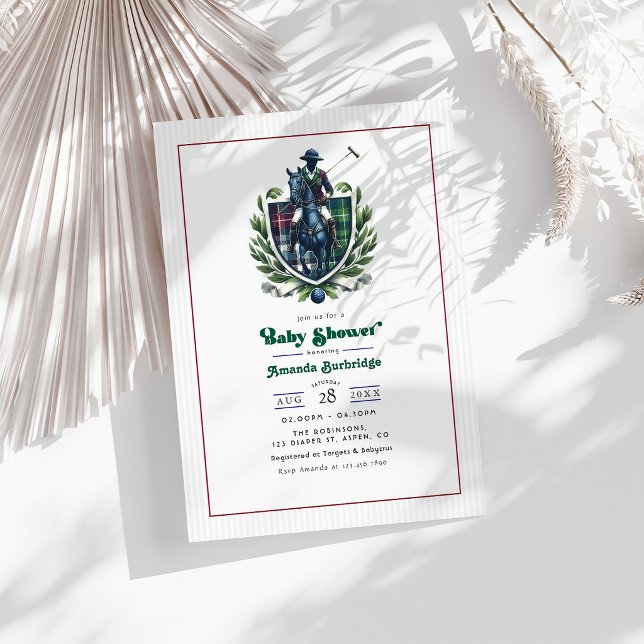 Convites Chá de Bebê Polo Preppy Crista de Xadrez Equestre (Preppy Polo Baby Shower Equestrian Tartan Crest Invitation)