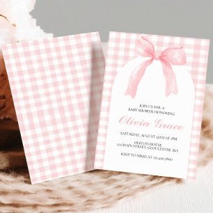 Convites Chá de bebê preppy com laço rosa e xadrez