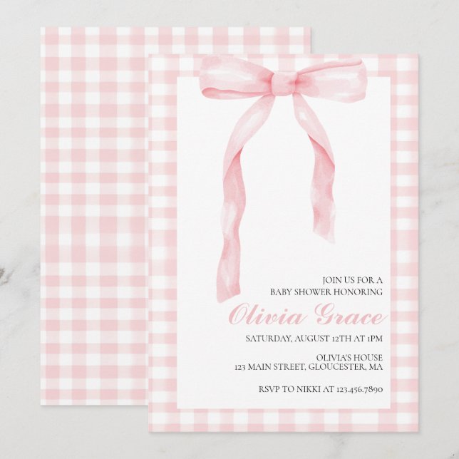 Convites Chá de bebê preppy com laço rosa e xadrez (Frente/Verso)