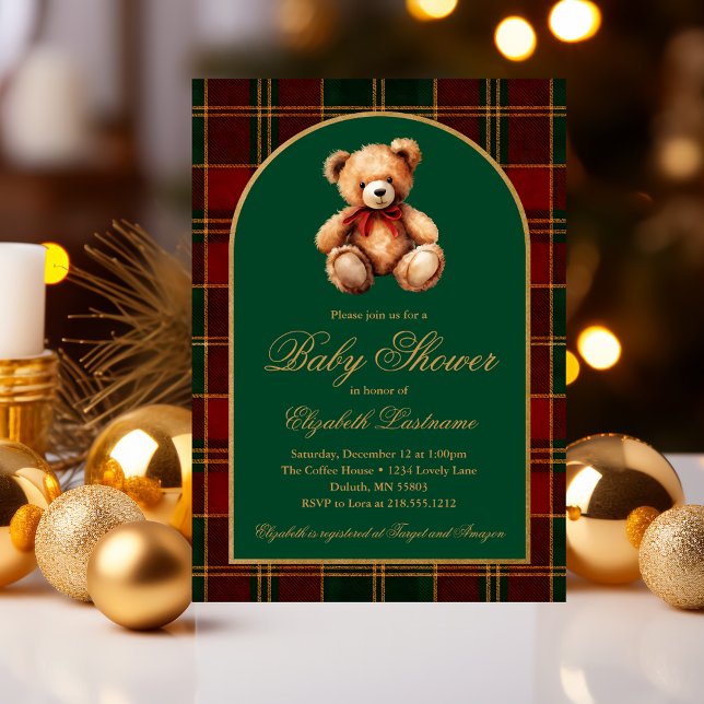 Convites Chá de Bebê Préppy com Ursinho Teddy Clássico em X (Classic Teddy Bear Tartan Plaid Preppy Baby Shower Invitation #elegantbabyshower #holidaybabyshower)