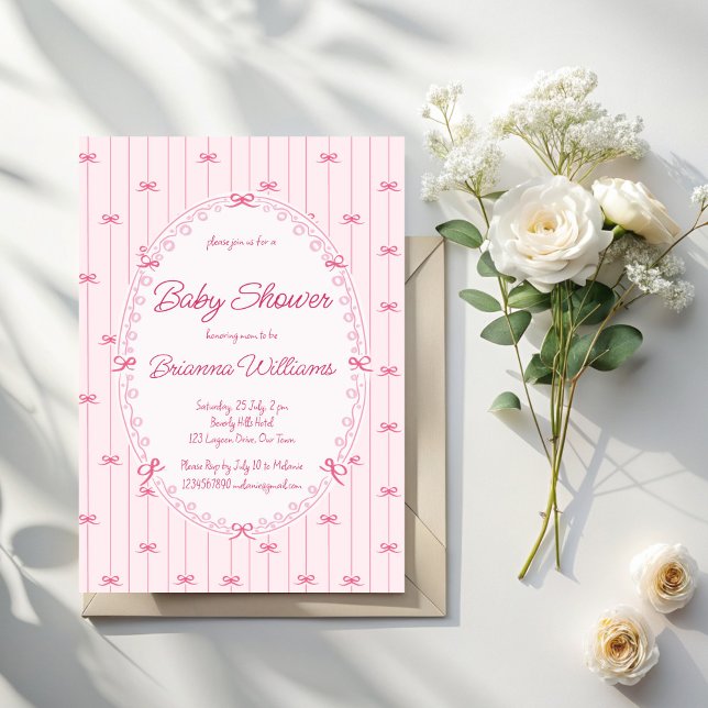 Convites Chá de bebê préppy cor-de-rosa desenhado à mão (Pink preppy hand drawn vintage retro frame girls baby shower invitation cards template)