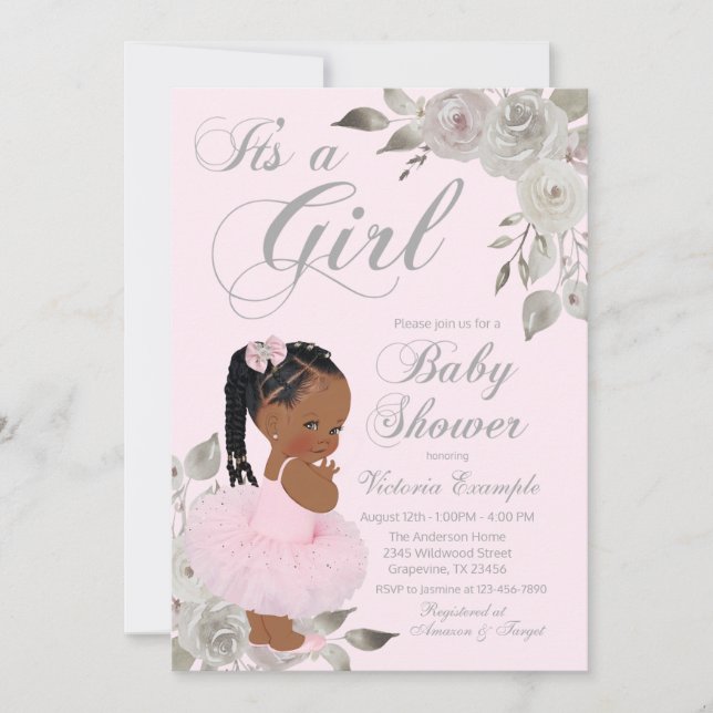 Convites Chá de Bebê Princesa Africana Prata Rosa (Frente)