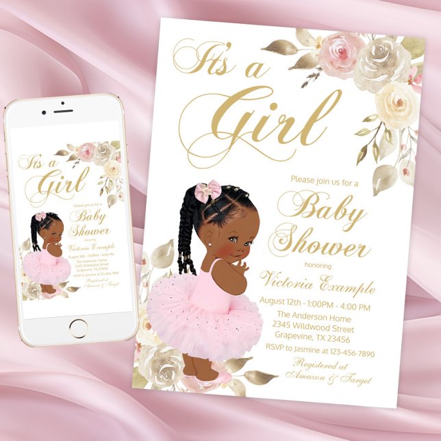 Convites Chá de Bebê Princesa Africana Tutu Dourado Rosa (Pink Gold African Princess Baby Shower Invitation. Instant download - printed invitations available.)