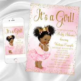 Convites Chá de Bebê Princesa Afro-Americana em Dourado e R