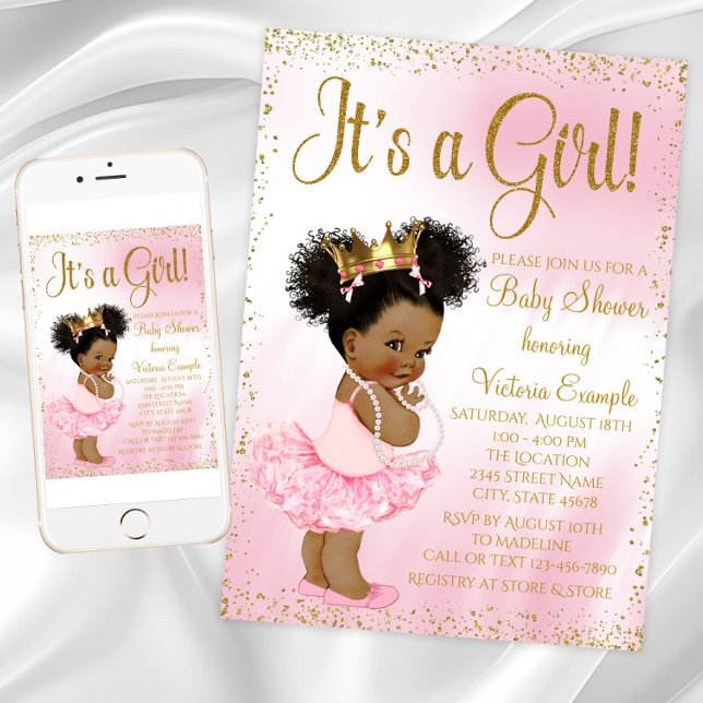 Convites Chá de Bebê Princesa Afro-Americana em Dourado e R (Pink Gold African American Princess Baby Shower Invitation with cute baby girl with afro hair.)