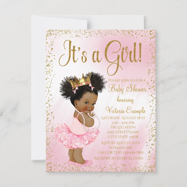 Convites Chá de Bebê Princesa Afro-Americana Ouro Rosa (Frente)