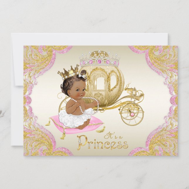 Convites Chá de Bebê Princesa Afro-Americana Rosa Dourado (Frente)