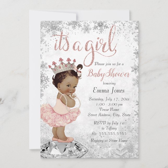 Convites Chá de Bebê Princesa Afro-Americana Rosa Prata (Frente)