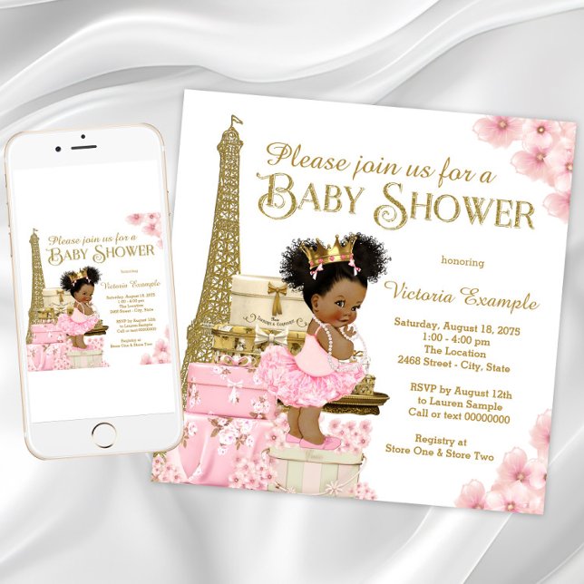 Convites Chá de Bebê Princesa Afro Paris Dourado Rosa (Girl Paris baby shower invitation. Instant download and printed invitations available.)