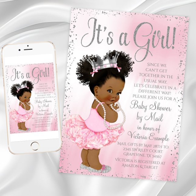 Convites Chá de Bebê Princesa Afro Puff pelo Correio (African American Princess Shower By Mail Invitation. Instant download - printed invitation available)