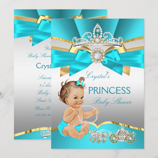 Convites Chá de Bebê Princesa Azul Teal Dourado Morena (Frente/Verso)