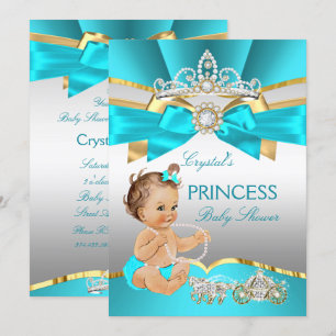 Convites Chá de Bebê Princesa Azul Teal Dourado Morena