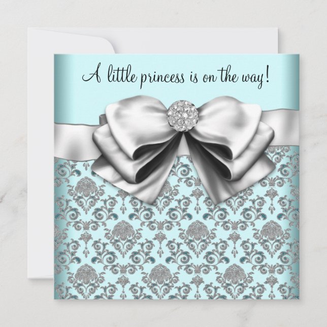 Convites Chá de Bebê Princesa Azul Teal Preto Damask (Frente)