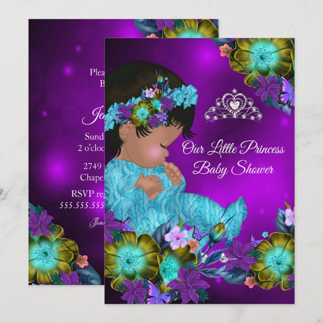 Convites Chá de Bebê Princesa Azul Turquesa Roxo Menina Étn (Frente/Verso)