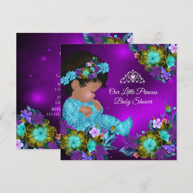 Convites Chá de Bebê Princesa Azul Turquesa Roxo Menina Étn (Frente/Verso)