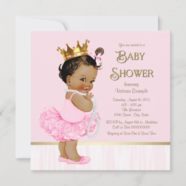 Convites Chá de Bebê Princesa Bailarina Étnica Rosa Dourado (Frente)