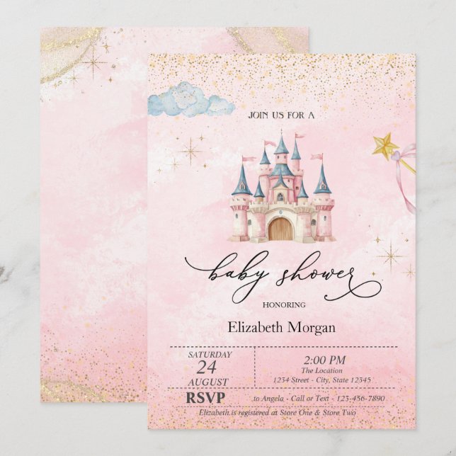 Convites Chá de Bebê Princesa Castelo Poeira Dourada Rosa (Frente/Verso)