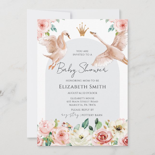 Convites Chá de Bebê Princesa Cisne Floral (Frente)