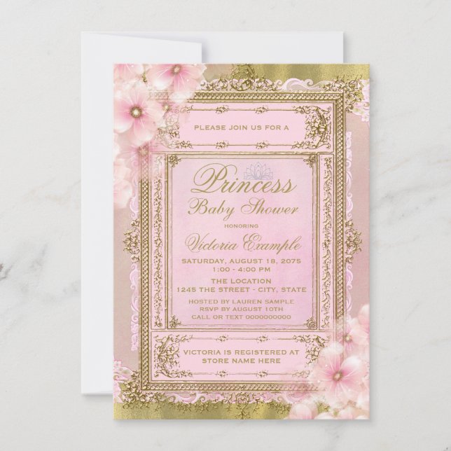Convites Chá de Bebê Princesa com Lamina Dourada e Rosa (Frente)