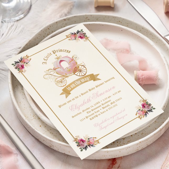 Convites Chá de Bebê Princesa da Carruagem Rosa Conto de Fa (Criador carregado)