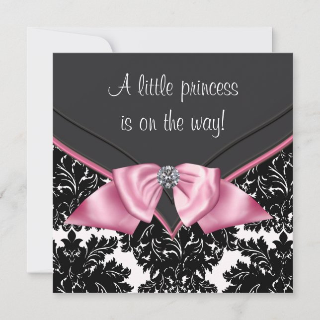 Convites Chá de Bebê Princesa Damasco Preto Elegante (Frente)