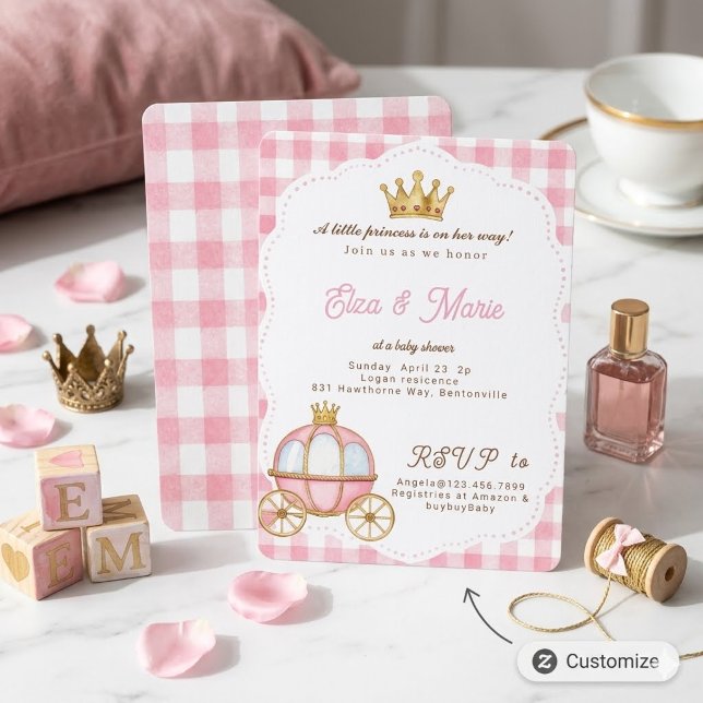 Convites Chá de Bebê Princesa em Carruagem Xadrez Rosa (Criador carregado)