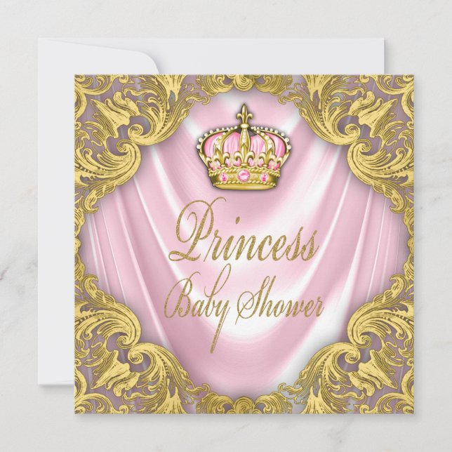 Convites Chá de Bebê Princesa em Cetim Rosa e Dourado (Frente)