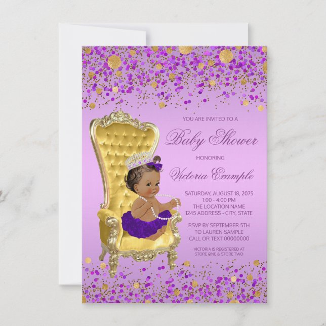 Convites Chá de Bebê Princesa Étnica Lavanda Dourada (Frente)