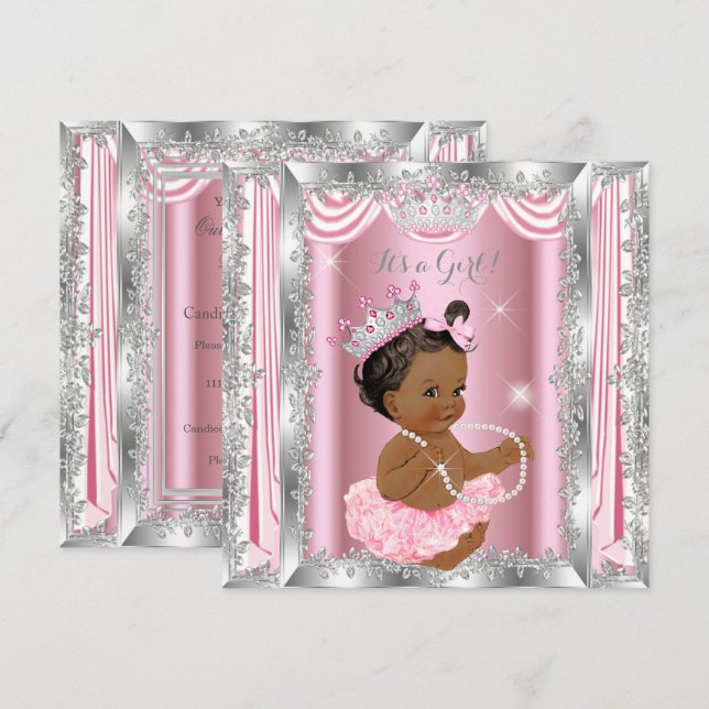 Convites Chá de Bebê Princesa Étnica Rosa Bailarina Prata (Frente/Verso)