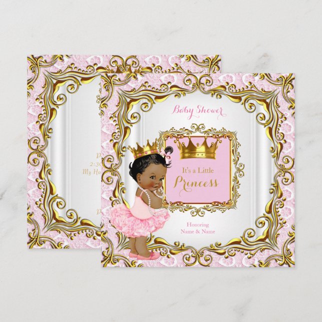 Convites Chá de Bebê Princesa Étnica Rosa com Renda e Doura (Frente/Verso)