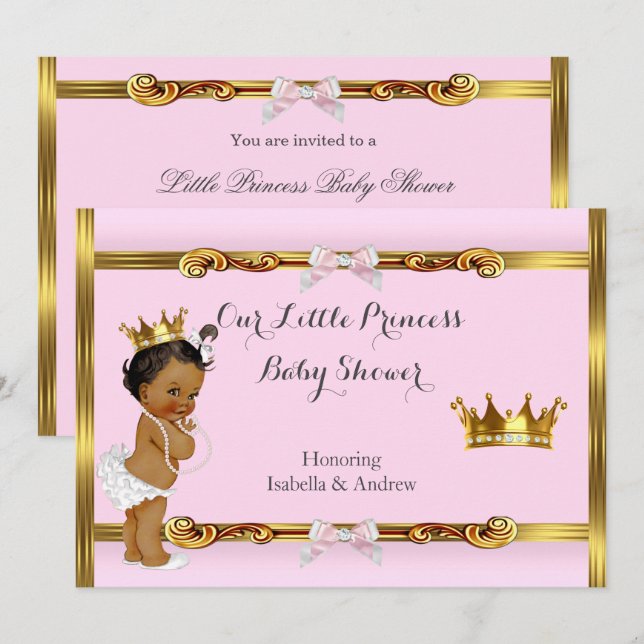 Convites Chá de Bebê Princesa Étnica Rosa Dourado Menina (Frente/Verso)