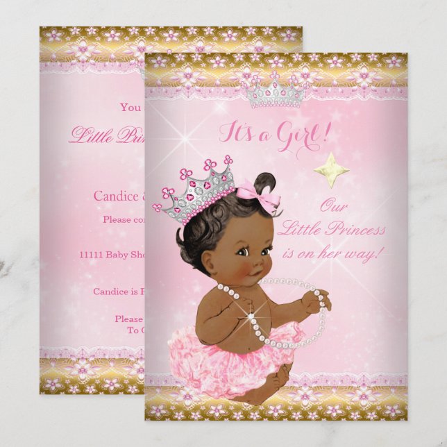 Convites Chá de Bebê Princesa Étnica Rosa Tutu Tiara Dourad (Frente/Verso)